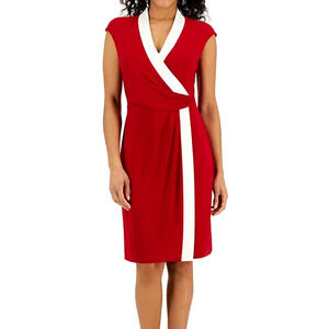 Kasper Faux Wrap Women Colorblock XXL Jersey Sheath Dress Red Cream Holiday